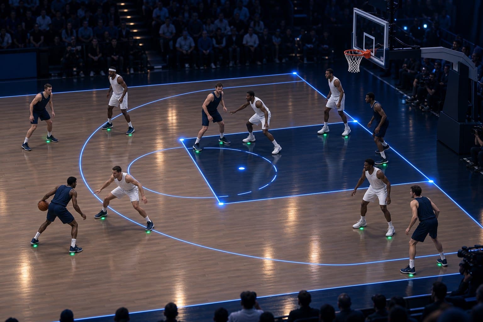 Illustration of a basketball broadcast frame with court keypoints marked on the lane corners and the ends of the three-point line