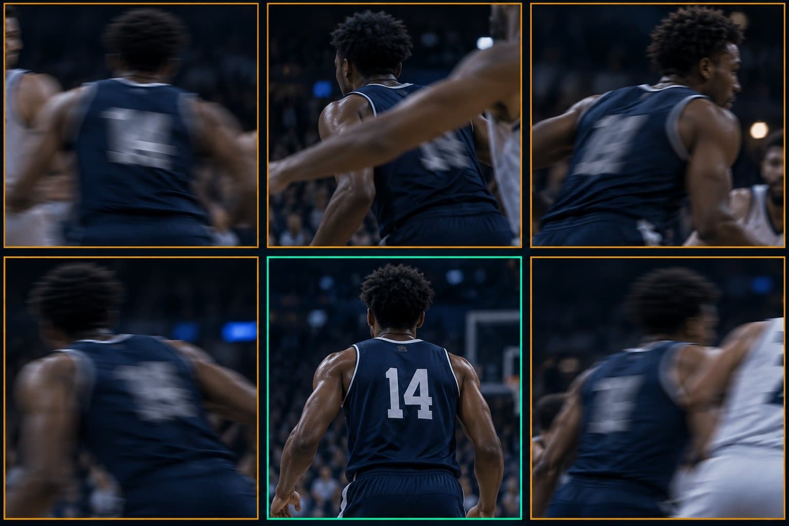 Illustration of jersey number crops from broadcast video, most blurred, occluded or turned away and one clearly readable