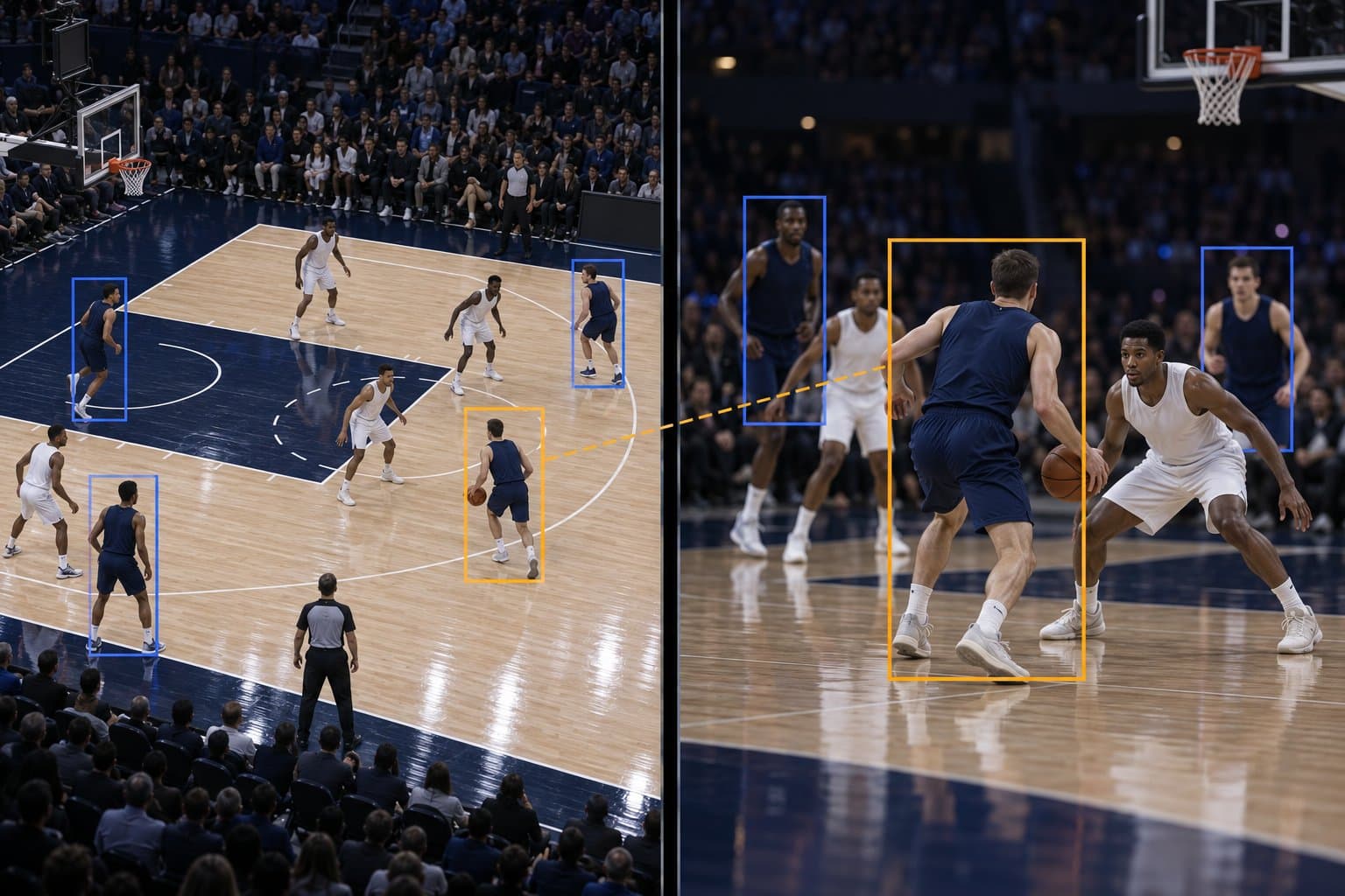 Illustration of the same basketball player matched across a wide broadcast shot and a closer camera angle, with teammates in identical kits
