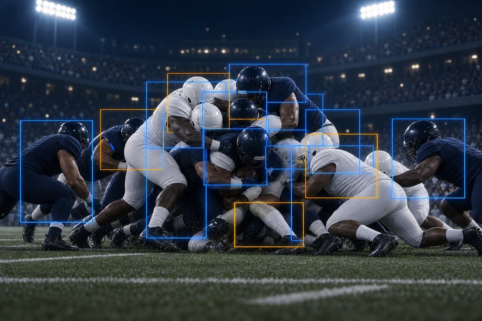 Illustration of an American football pile-up at the line of scrimmage with overlapping tracking boxes and hidden jersey numbers