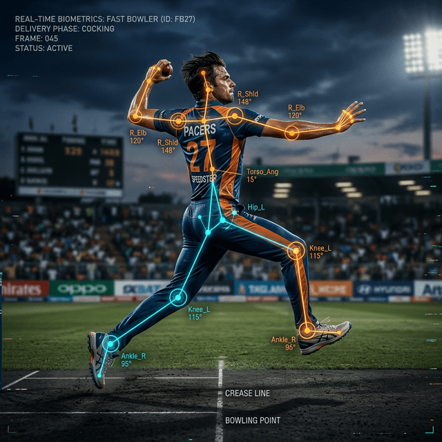 Dense skeletal keypoint annotation on a fast bowler in the delivery stride