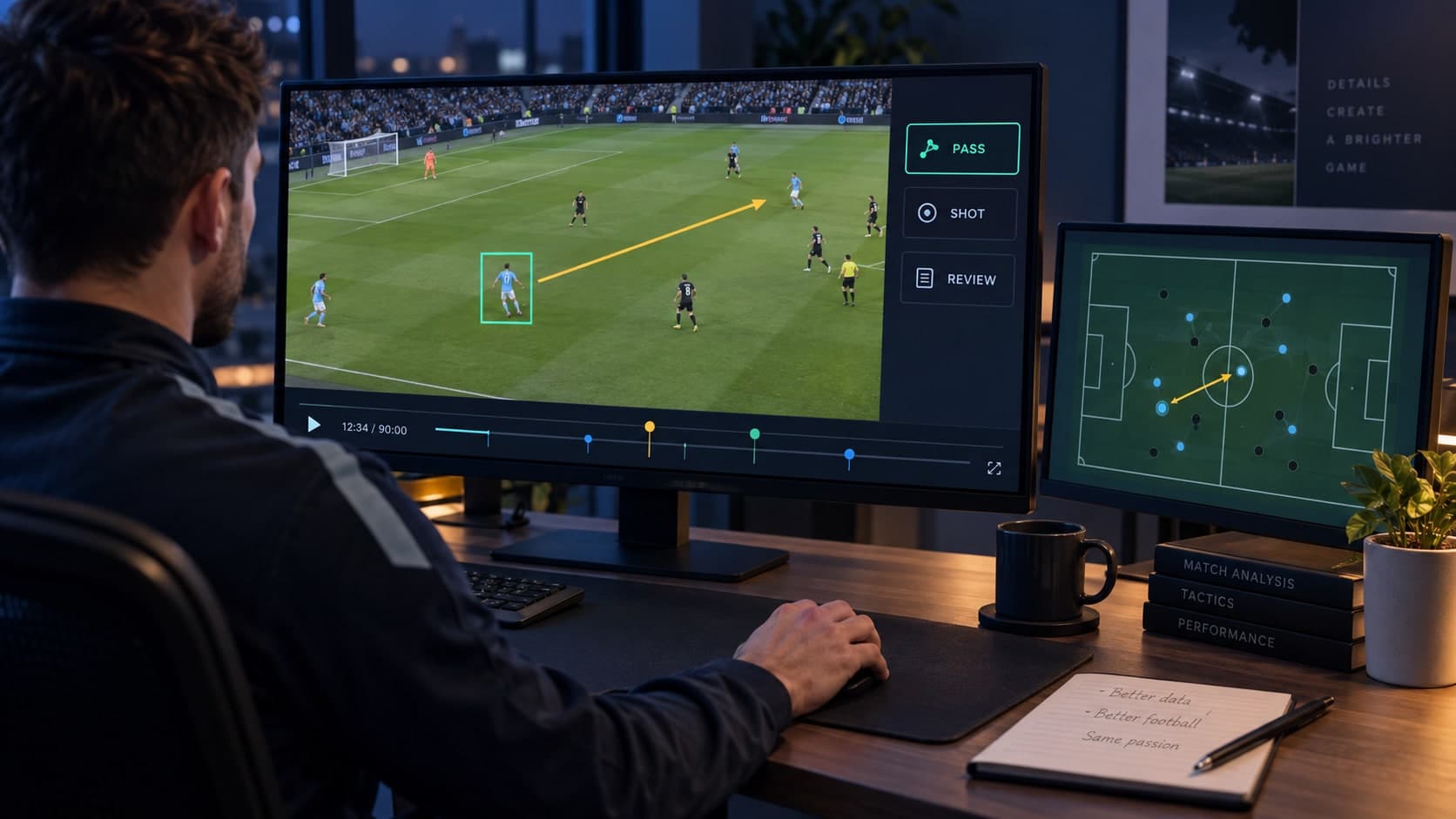 Football video analyst tagging a pass in match footage, with event markers on a video timeline and a supporting pitch map