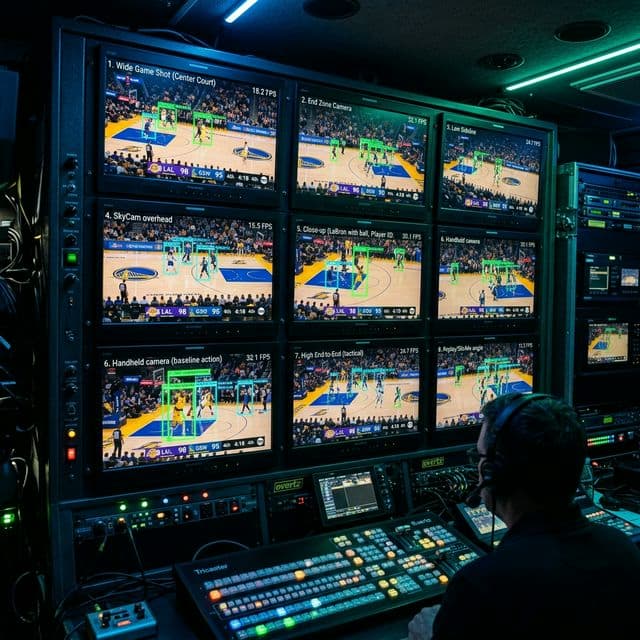 Multi-camera synchronized sports broadcasting analytics truck