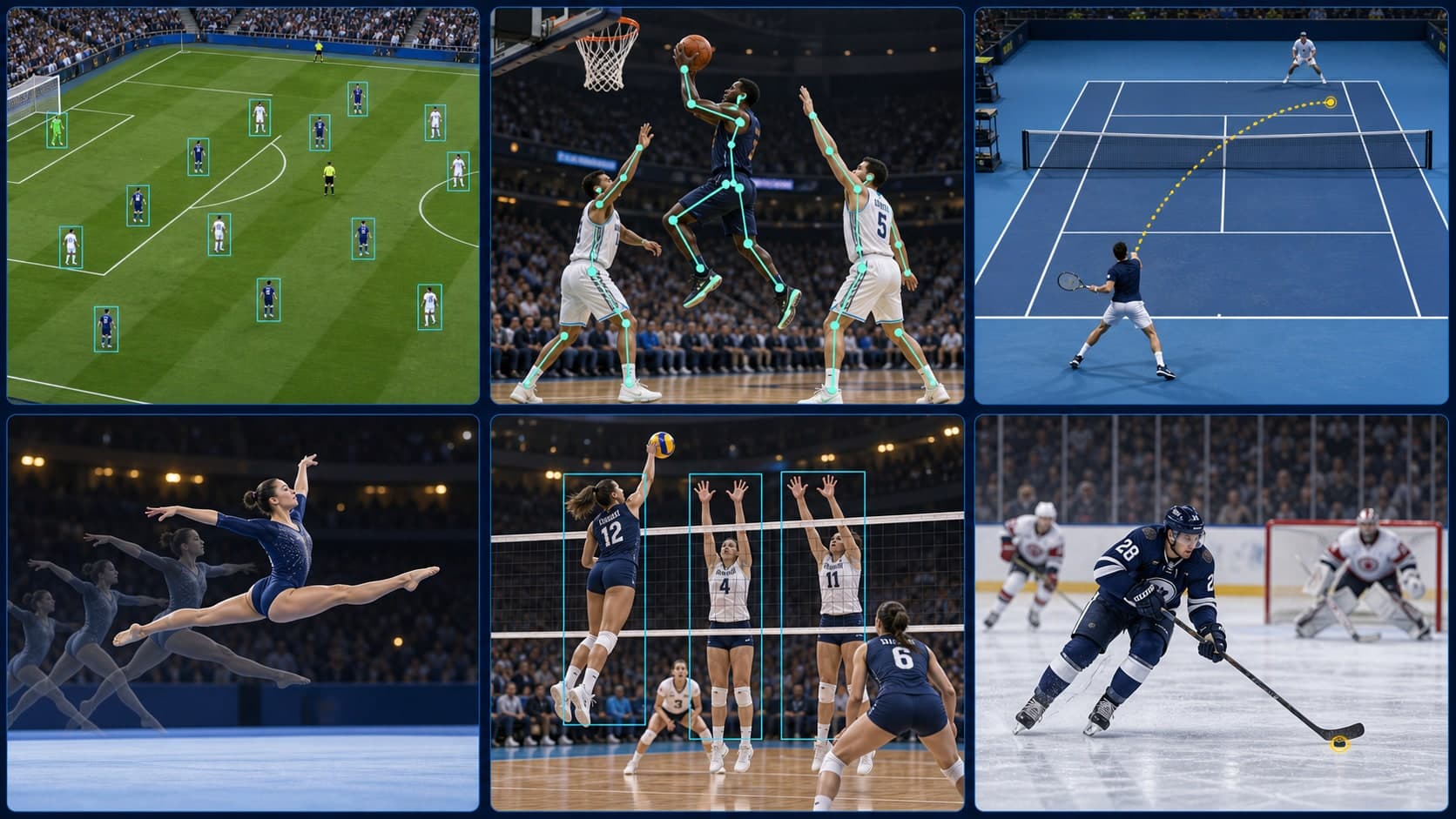 Six-panel illustration of sports computer vision tasks: player tracking boxes in football, pose keypoints in basketball, a ball trajectory in tennis, motion in gymnastics, player boxes in volleyball and puck detection in ice hockey