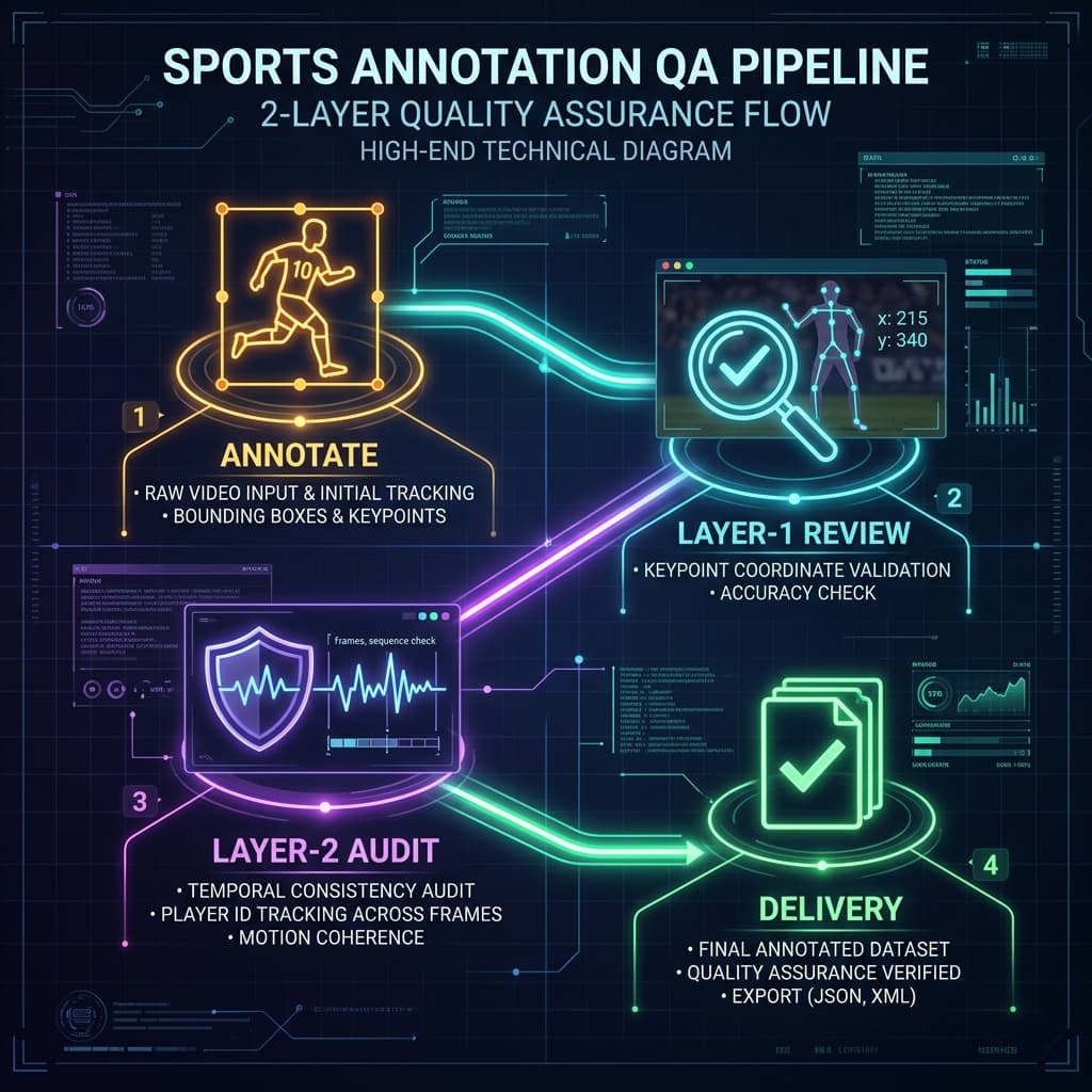 Two-layer QA pipeline for sports annotation quality