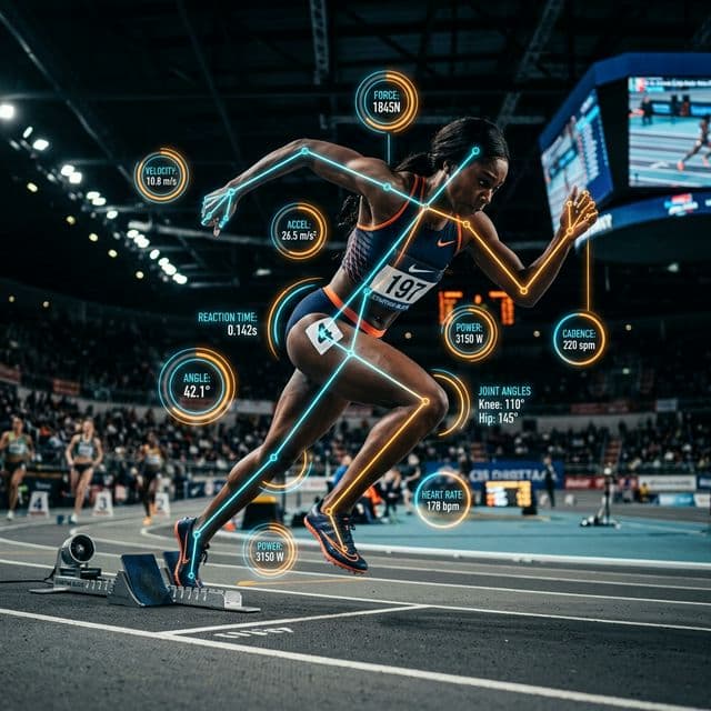 Sprinter launching with biomechanical skeletal pose estimation AR