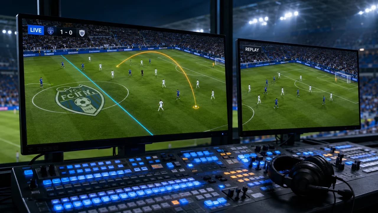Sports broadcast production console with live soccer monitors showing augmented reality pitch graphics and replay