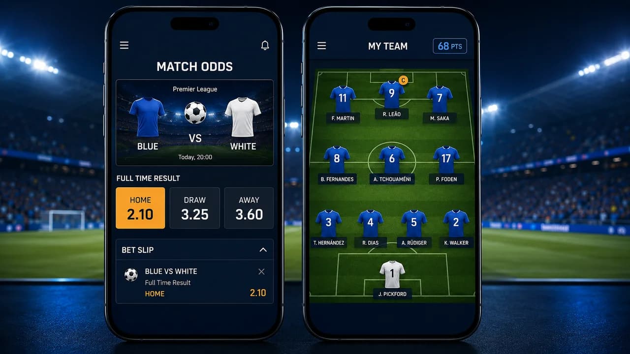 Two sports app screens showing soccer betting odds and a bet slip alongside a fantasy team formation and points