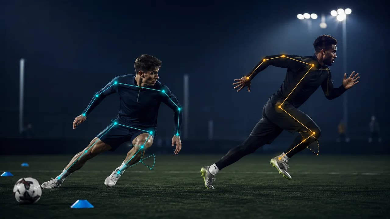 Two athletes changing direction and accelerating with skeletal keypoints and joint-angle overlays