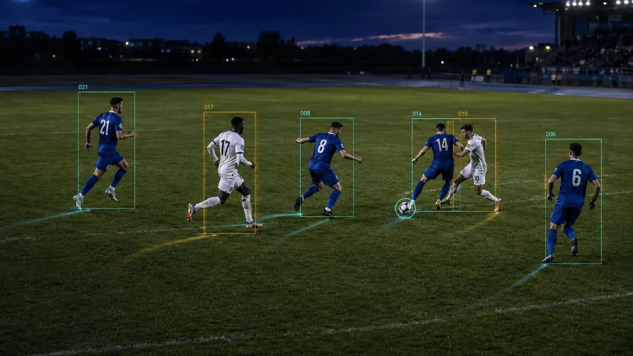Soccer players and ball identified with tracking boxes and motion trails on a floodlit pitch
