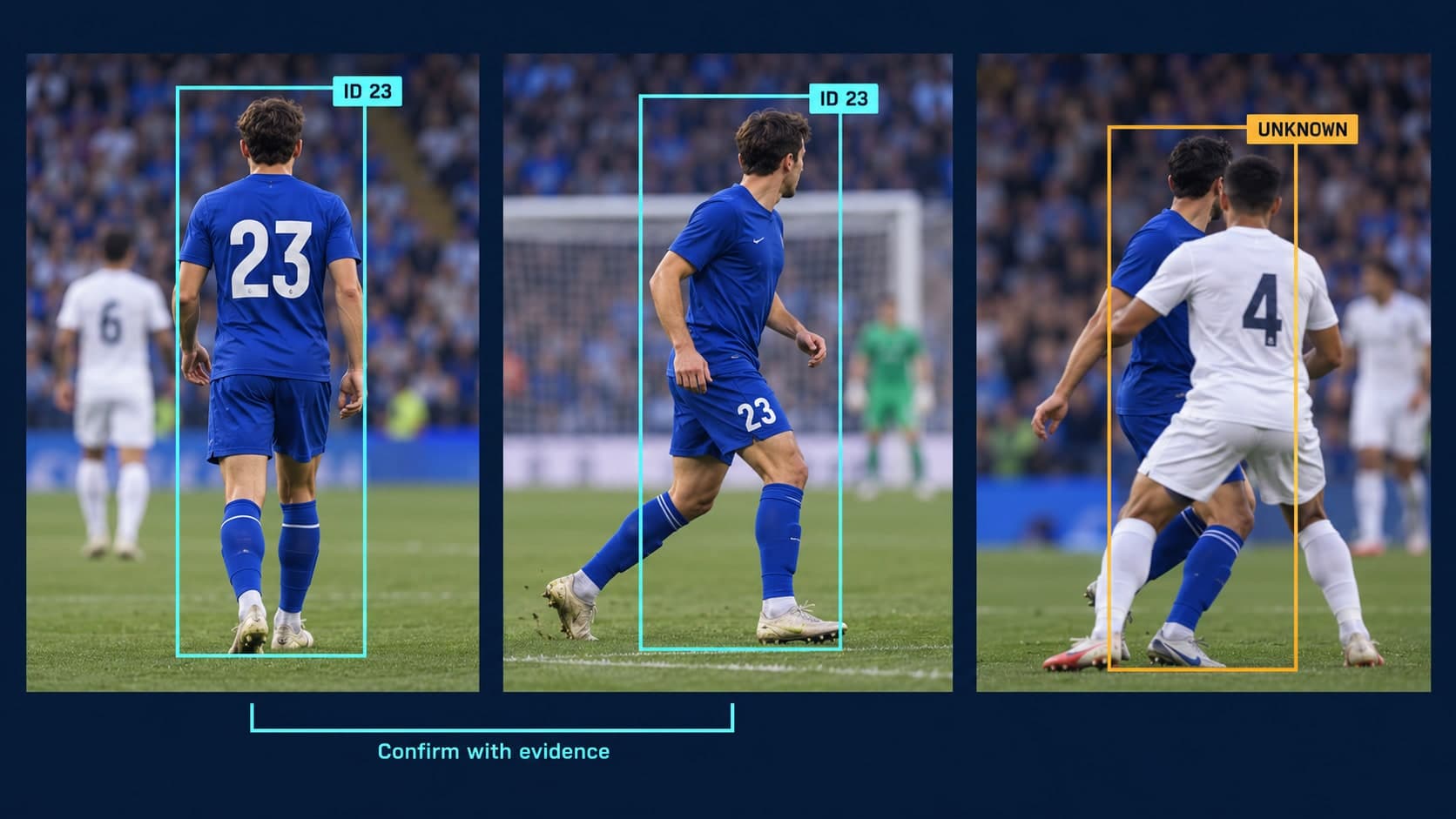 Illustration of a blue-kit football player linked as ID 23 across two camera views, alongside an occluded player marked unknown